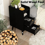 Wnutress 9.3" Narrow Nightstand with 2 Drawer, Fluted Wood End Table with Open Shelf, Boho Skinny Bedside Table for Bedroom, Living Room, Set of 2, Black
