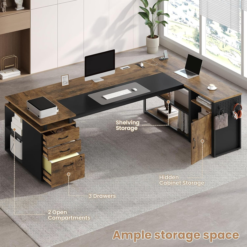 78" Executive Desk with Lockable File Cabinet, L Shaped Office Desk with Power Outlets, Large Executive Desk with Drawers and Storage Shelves, Reversible Computer Desk, Rustic Brown