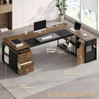 78" Executive Desk with Lockable File Cabinet, L Shaped Office Desk with Power Outlets, Large Executive Desk with Drawers and Storage Shelves, Reversible Computer Desk, Rustic Brown