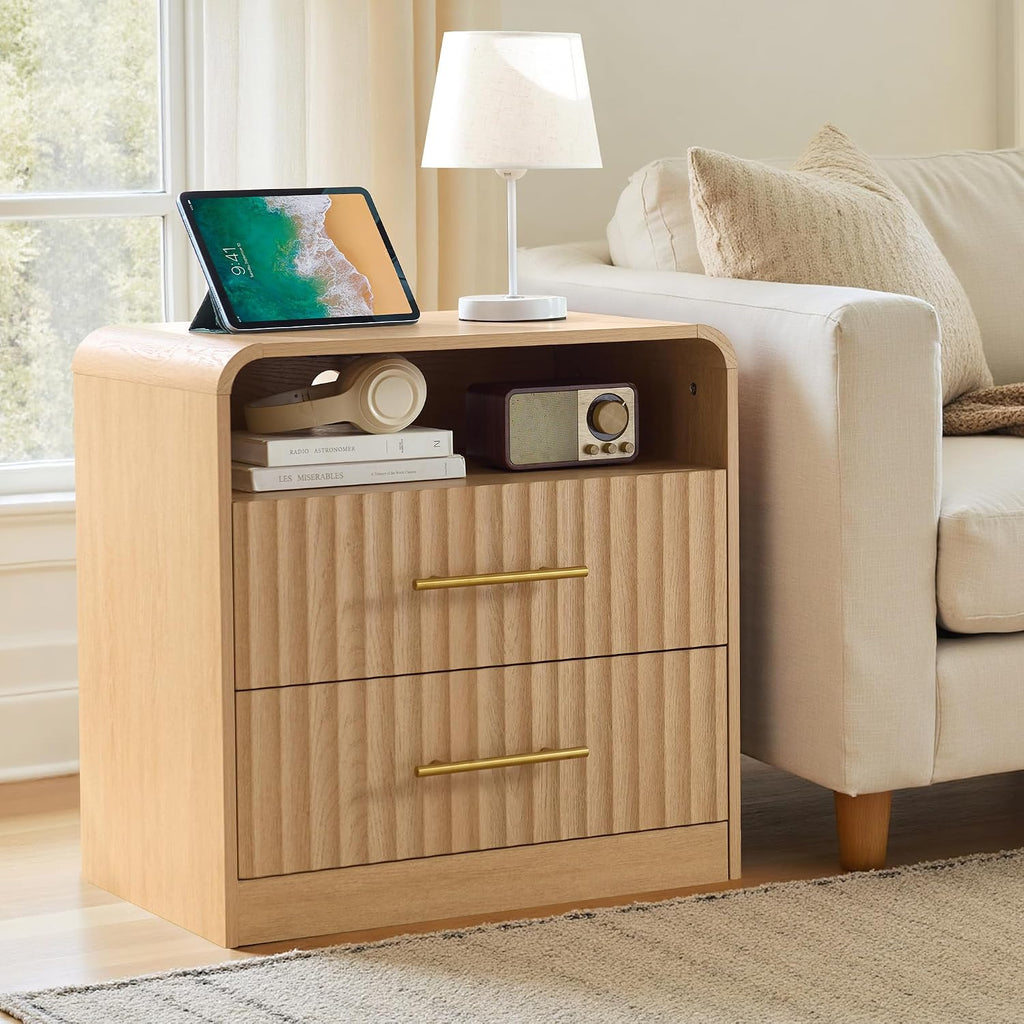 Fluted Nightstand with Charging Station, Bedside Table with 2 Drawers, Wood End Table with Storage Mid Century Modern, Large Night Stand for Bedroom (Natural Oak,1 Piece)