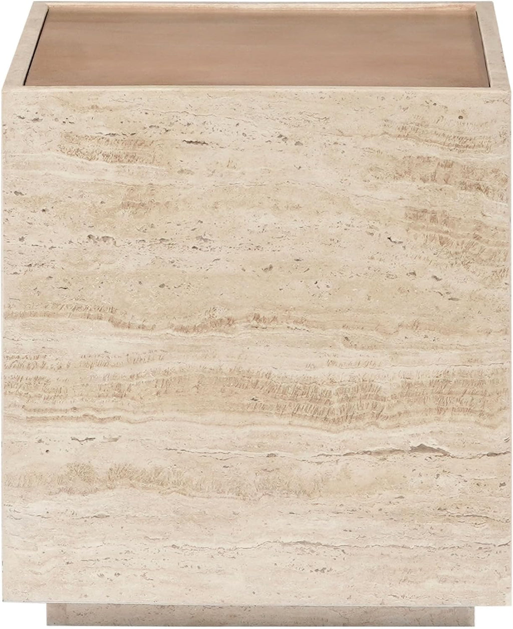 SAFAVIEH Couture - Leslianne Square Accent Table - Natural Solid Wood Top & Travertine - Modern Pillar Design - Fully Assembled for Living Room, Bedroom & Entryway, 16" W x 16" D x 18" H (SFV5779A)