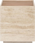 SAFAVIEH Couture - Leslianne Square Accent Table - Natural Solid Wood Top & Travertine - Modern Pillar Design - Fully Assembled for Living Room, Bedroom & Entryway, 16" W x 16" D x 18" H (SFV5779A)