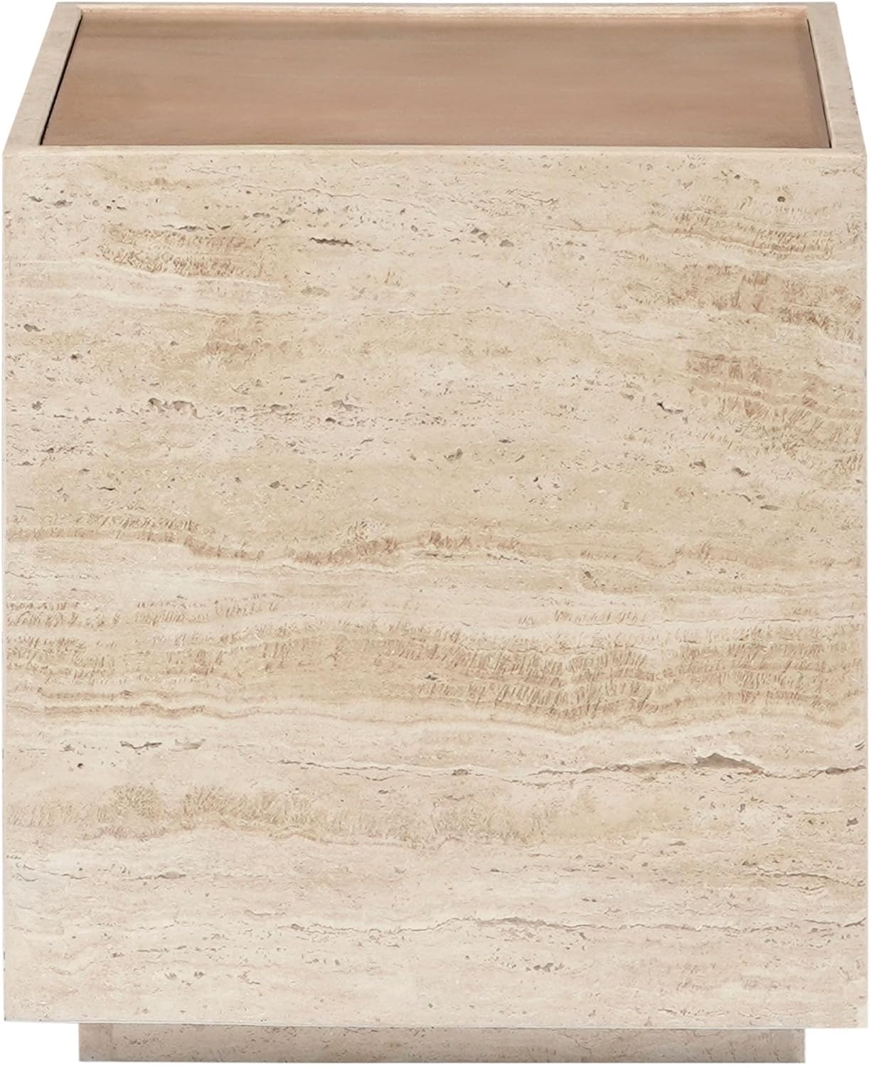 SAFAVIEH Couture - Leslianne Square Accent Table - Natural Solid Wood Top & Travertine - Modern Pillar Design - Fully Assembled for Living Room, Bedroom & Entryway, 16" W x 16" D x 18" H (SFV5779A)