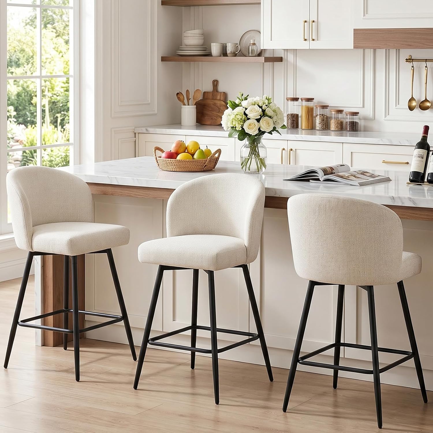Counter Height Bar Stools Set of 2, 360° Swivel Upholstered Barstools with Backs and Metal Legs, 26" H Seat Height, Linen Fabric in Beige