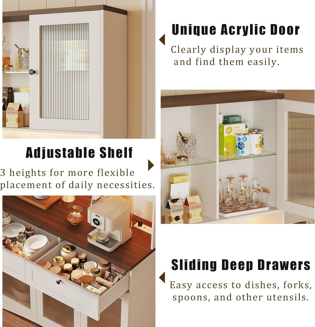 HUAHUU 71" Kitchen Pantry Cabinet with Lights & Acrylic Doors, Pantry Storage Cabinet with Microwave Stand, Kitchen Hutch Food Cabinets with Charging Station, Adjustable Shelves, White