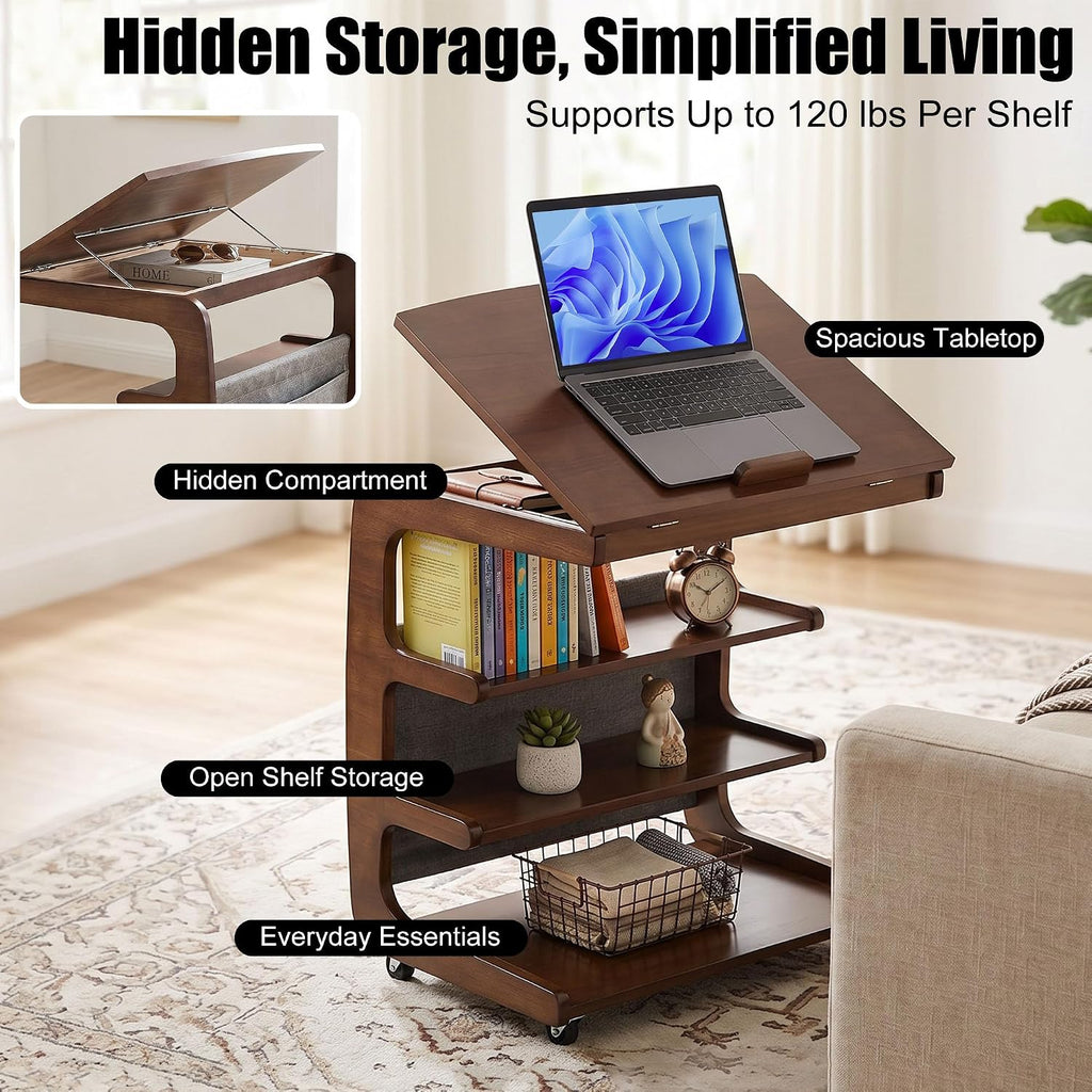 100% Solid Wood C Shaped End Table with Swivel Wheels, Lift Top Couch Table with Storage, Rolling Table that Slide Under Sofa & Bed, 15.75" D x 23.62" W x 24.8" H