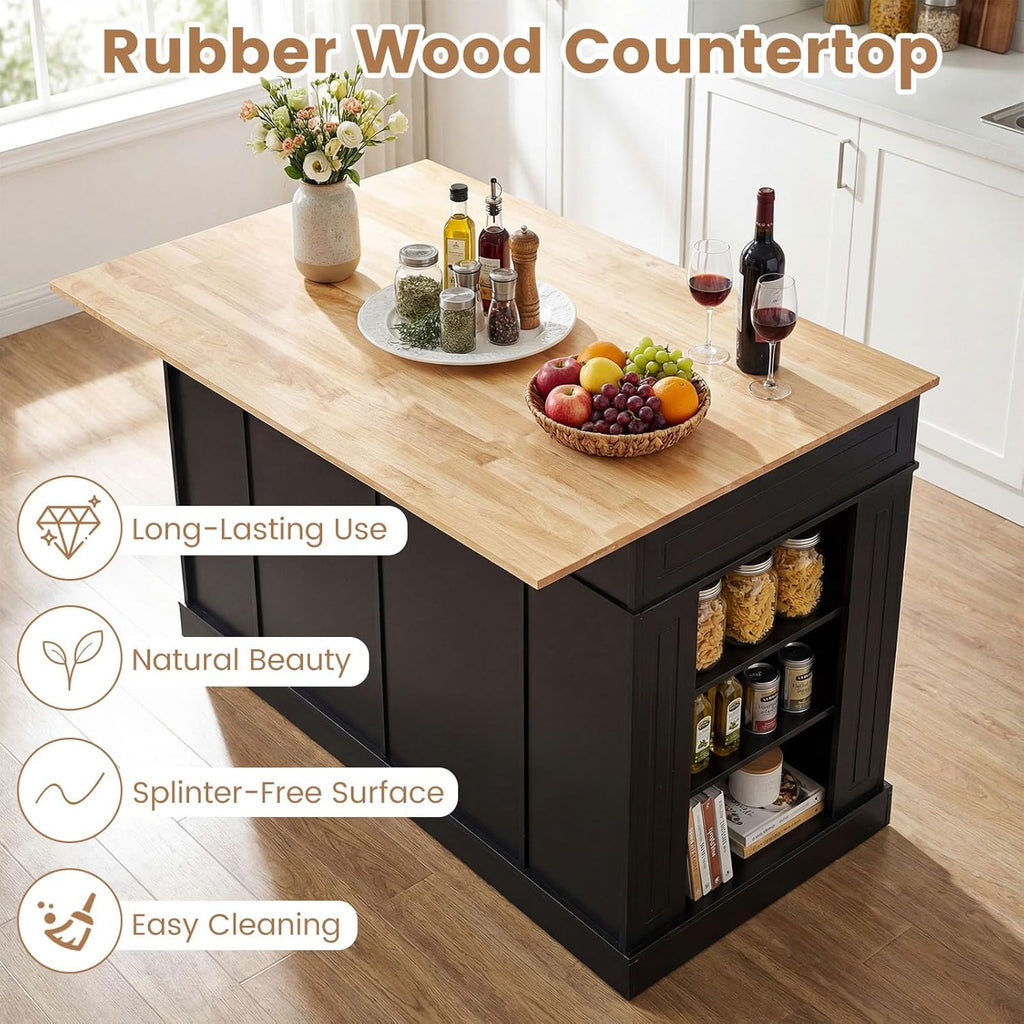 LOKO 48" Stationary Kitchen Island with Drop Leaf, Rubber Wood Top Butcher Block Island Table with 2 Drawers, Cabinet & Adjustable Shelf, Multipurpose Kitchen Cart for Dining Room, Living Room & Bar