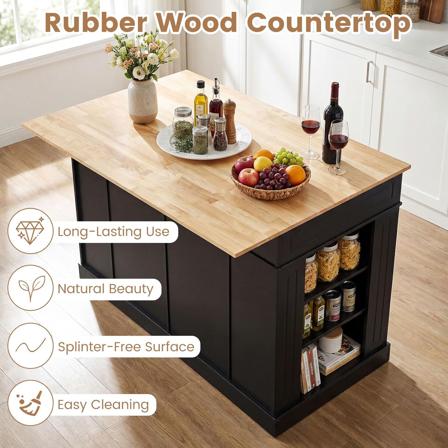 LOKO 48" Stationary Kitchen Island with Drop Leaf, Rubber Wood Top Butcher Block Island Table with 2 Drawers, Cabinet & Adjustable Shelf, Multipurpose Kitchen Cart for Dining Room, Living Room & Bar