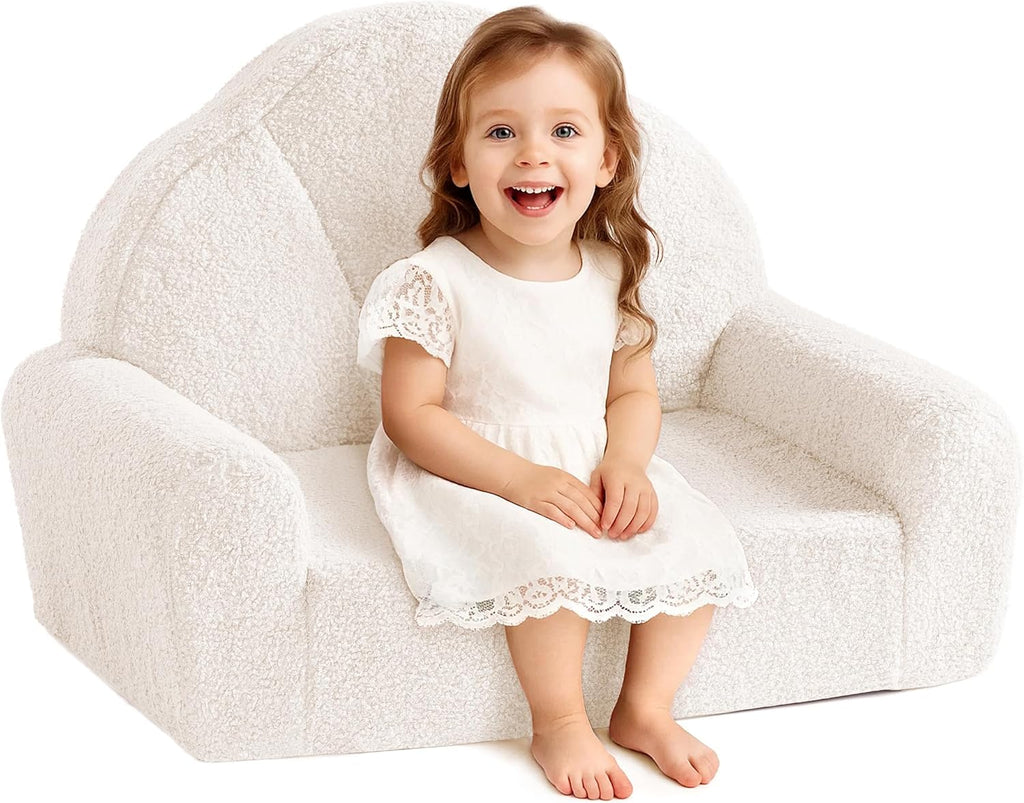 ROBUD Toddler Chair, Comfy Kids Sofa with Teddy Fleece, High Resilience Sponge, and Hidden Storage Pocket, Toddler Couch with Princess Style Design, Kids Couch for Boys and Girls, White