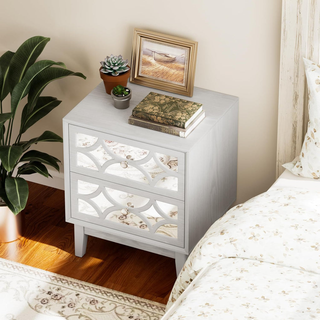 COZAYH Modern 2 Drawer Nightstand with Mirrored Fronts, Elegant Geometric Pattern Bedside Table for Bedroom, Light Gray