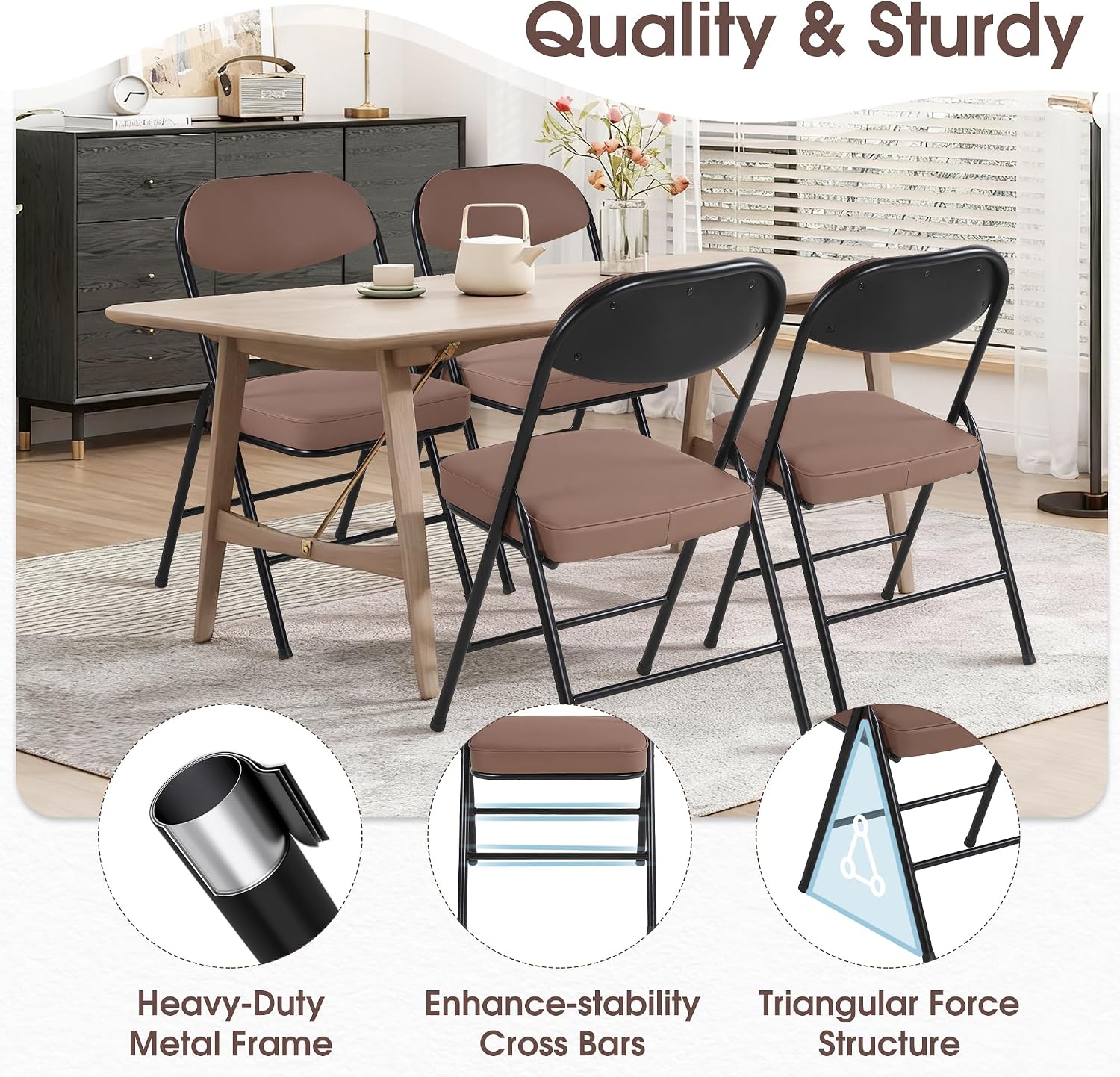 HOMEFUN Padded Folding Chairs Set of 4, Folding Chairs with Cushion and Durable Metal Frame，No Assemble Required for Party Kitchen Office Wedding Brown