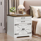 RALGEND Farmhouse End Table Set of 3, with Charging Station, 24'' Sofa Side Table with 2 Drawers and Barn Door, Large Rustic Wooden Square Nightstand for Bedroom, Living Room, White and Walnut