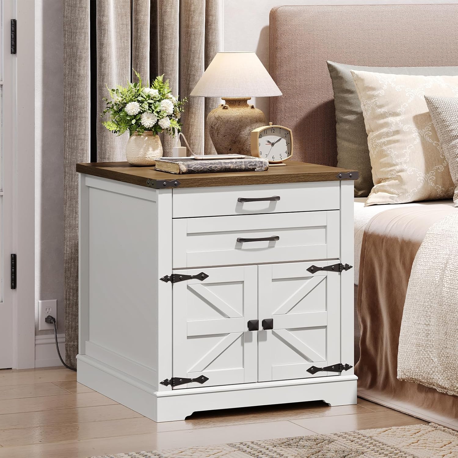 RALGEND Farmhouse End Table Set of 3, with Charging Station, 24'' Sofa Side Table with 2 Drawers and Barn Door, Large Rustic Wooden Square Nightstand for Bedroom, Living Room, White and Walnut