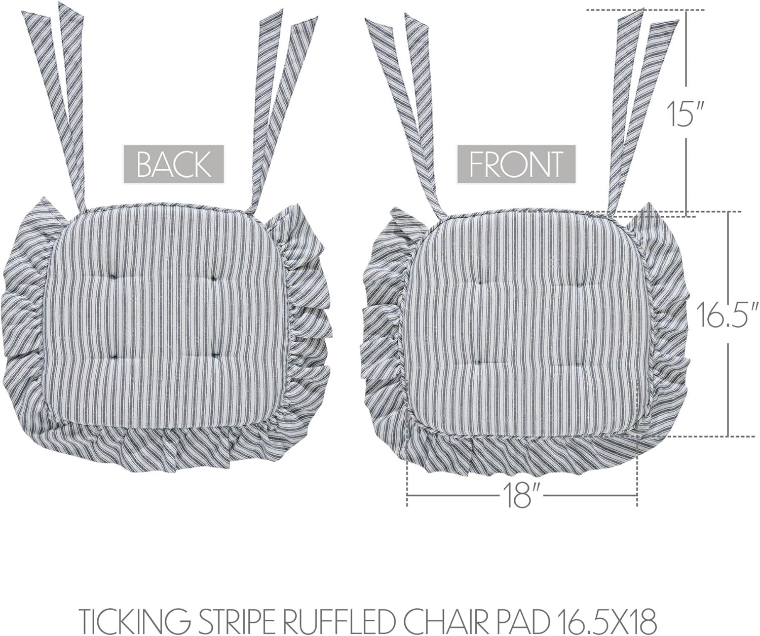 VHC Brands Chair Pad 16.5x18, Cotton Dining Room, Kitchen Chair Pads, Seat Cushion with Ties, Tucked, Sawyer Mill Blue Collection, Rectangle 16.5x18, Denim Blue, Set of 4