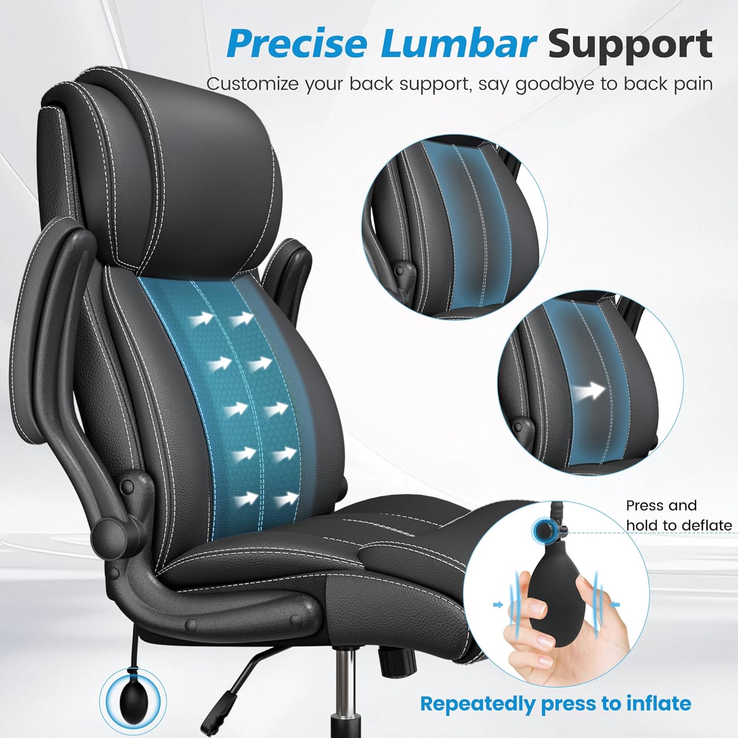 Ergonomic Office Chair – High Back Executive Leather Desk Chair with Inflatable Lumbar Support for Back Pain, Heavy-Duty Computer Desk Chair for Long Workdays, Black