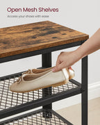 VASAGLE 3-Tier Shoe Rack, Shelf Storage Bench with Metal Mesh Shelves and Seat, Free Standing Shoe Organizer for Entryway, 11.8 x 28.7 x 17.7 Inches, Rustic Brown and Black ULBS73X