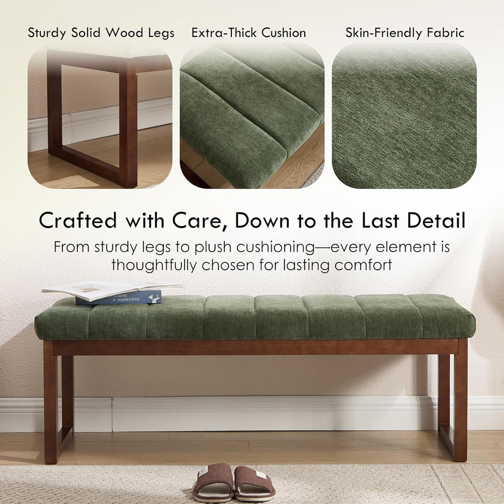 53.2" Upholstered End of Bed Bench, Modern Chenille Fabric Bedroom Bench with Cushion, Padded Dining Bench Entryway Bench with Solid Wood Frame for Bedroom, Living Room, Green
