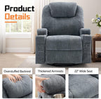 Korser Recliner Chair, 360° Manual Swivel Rocker Chair with Overstuffed Headrest, Rocking Chair with Massage and Heating, Lounge Chair with Cup Holders for Living Room, Bedroom, Nursery, RV, Chenille