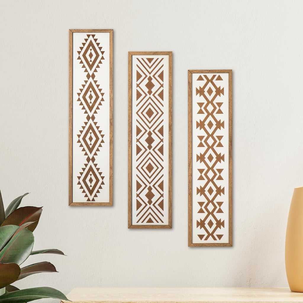 X DELUXE Minimalist Aztec Wood Wall Decor Set of 3 Geometric Scandinavian Boho Hanging Panels for Living Room Bedroom Hallway Office Modern Tribal MDF Wall Art Vertical Decorative Interior Accent