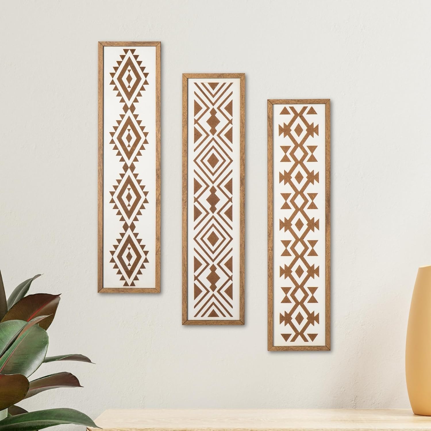 X DELUXE Minimalist Aztec Wood Wall Decor Set of 3 Geometric Scandinavian Boho Hanging Panels for Living Room Bedroom Hallway Office Modern Tribal MDF Wall Art Vertical Decorative Interior Accent