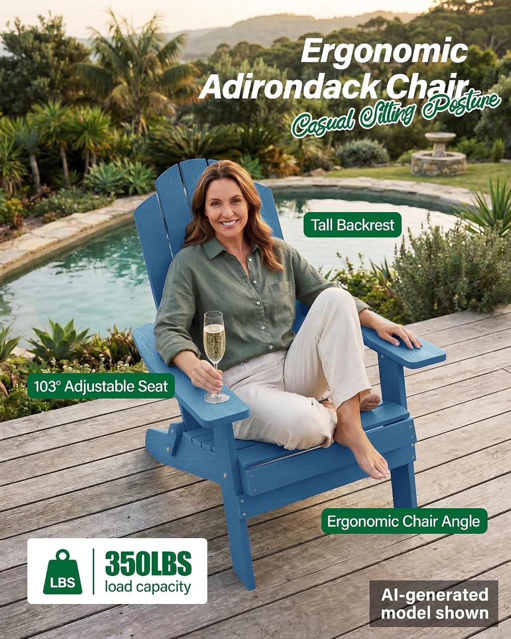 MXIMU Folding Adirondack Chair for Outdoor: Easy to Assemble and Comfortable Adirondack Chairs Set of 2 - All Weather Composite Plastic Chair for Outside Fire Pit Patio Lawn Garden Backyard Use(Navy)