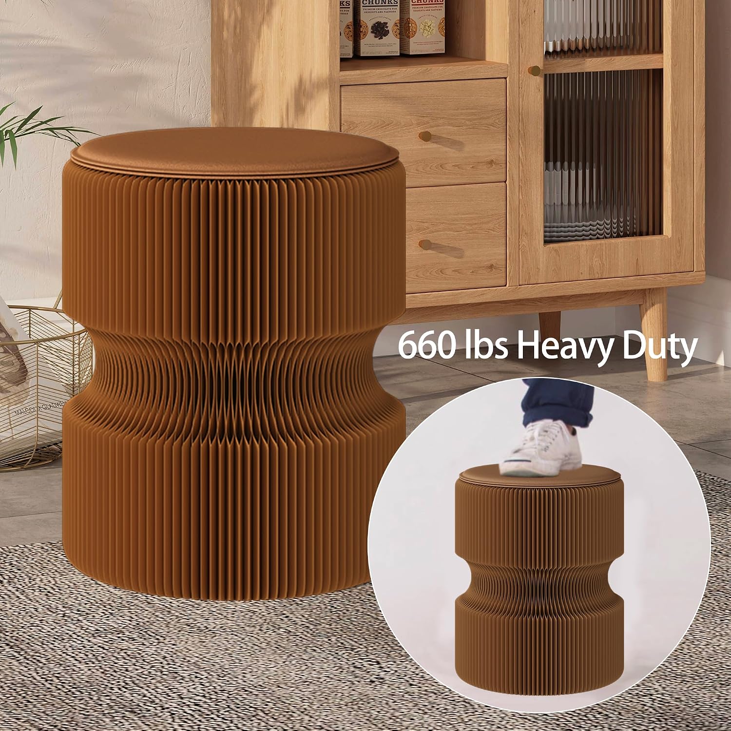 Accordion Folding Stool, Modern Kraft Paper Honeycomb Ottoman, Collapsible Portable Footrest Stool, Fold Up Under Desk Seat for Office Entryway Living Room Small Space (15 Inch, Brown)
