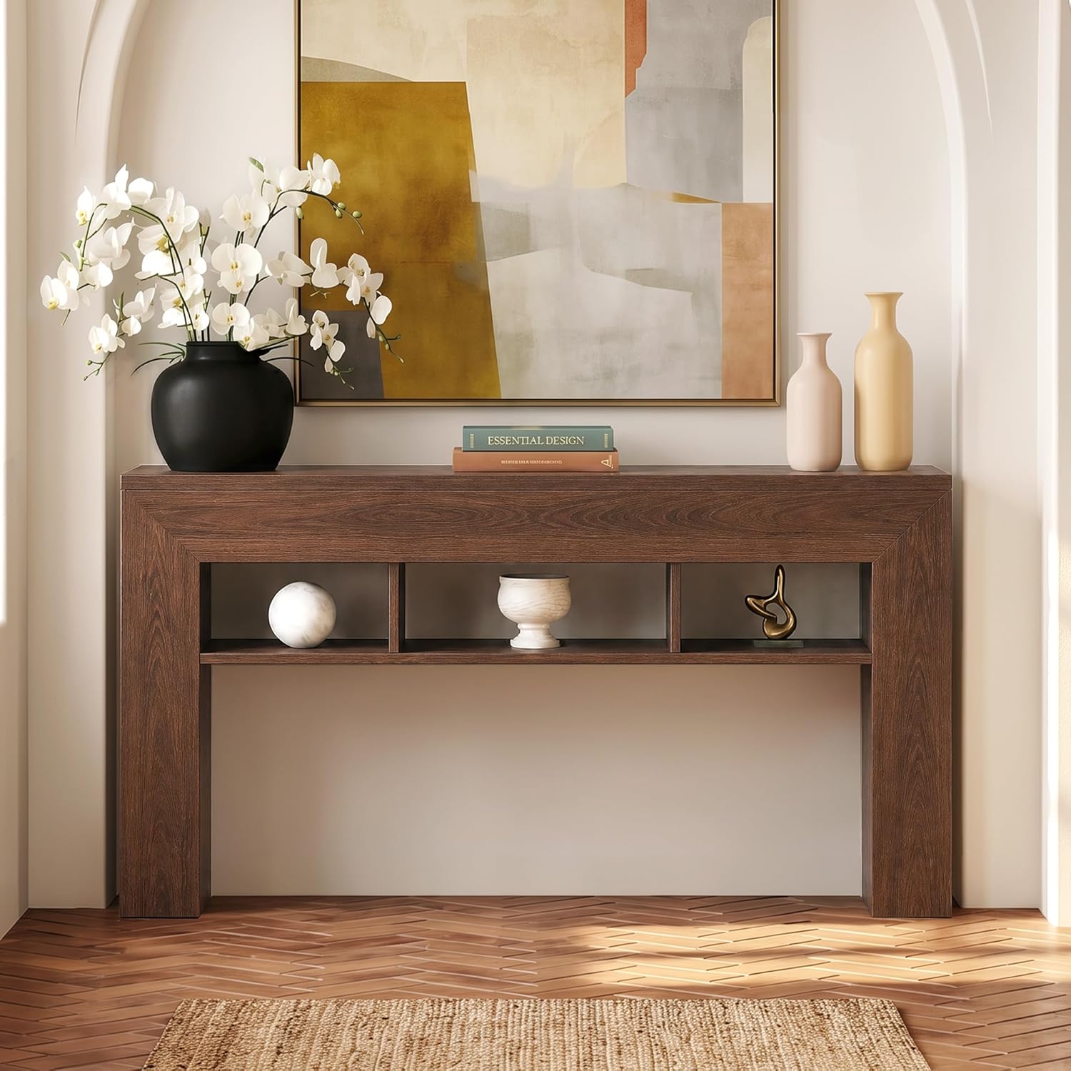 EnHomee 63" Console Table with 3 Shelves Behind Sofa, Dark Brown | Renters & Homeowners, Wood, Holds 220 Lbs, Anti-tip Kit & Non-Slip Pads