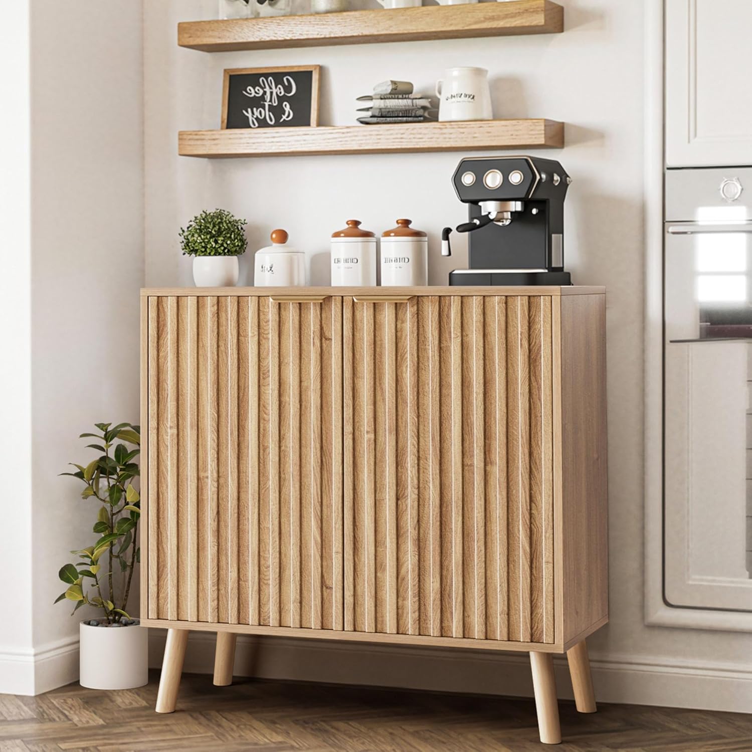 Pamapic Fluted Storage Cabinet, Sideboard Buffet with Doors and Shelf, Wooden Console Table & Credenza, Multifunctional Entryway Cabinet for Living Room, Dining Room (Natural)