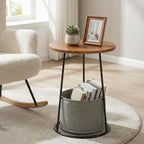 Manora 21.7" Round End Table, Modern Industrial Side Table Nightstand, Small Wood Top Accent Table for Living Room, Couch, Bedroom, Black Metal Legs, Rustic Brown (with a Basket)