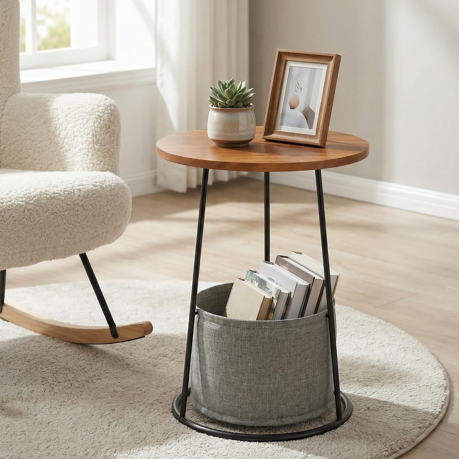 Manora 21.7" Round End Table, Modern Industrial Side Table Nightstand, Small Wood Top Accent Table for Living Room, Couch, Bedroom, Black Metal Legs, Rustic Brown (with a Basket)