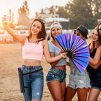 FairySandy Large Rave Fan UV Glow Clack Summer Hand Fan with Thigh Holster for Women Carnival Party Supplies for Carnival Edm Music Festival Club Accessories(Purple Laser,Laser Color)