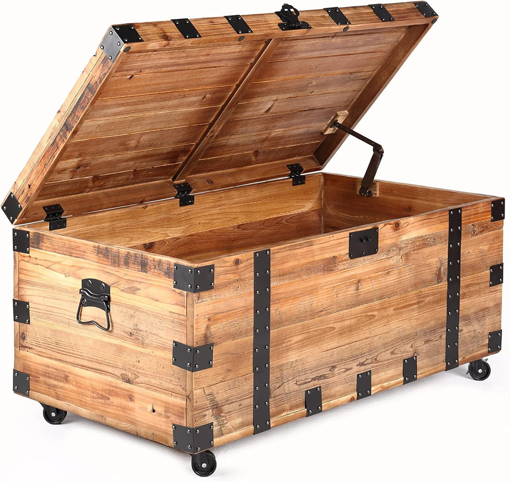 NewCosmos Vintage Reclaimed Fir Wood Storage Trunk – Rustic Charm with Black Metal Accents – No Assembly Required, Optional Wheels Included