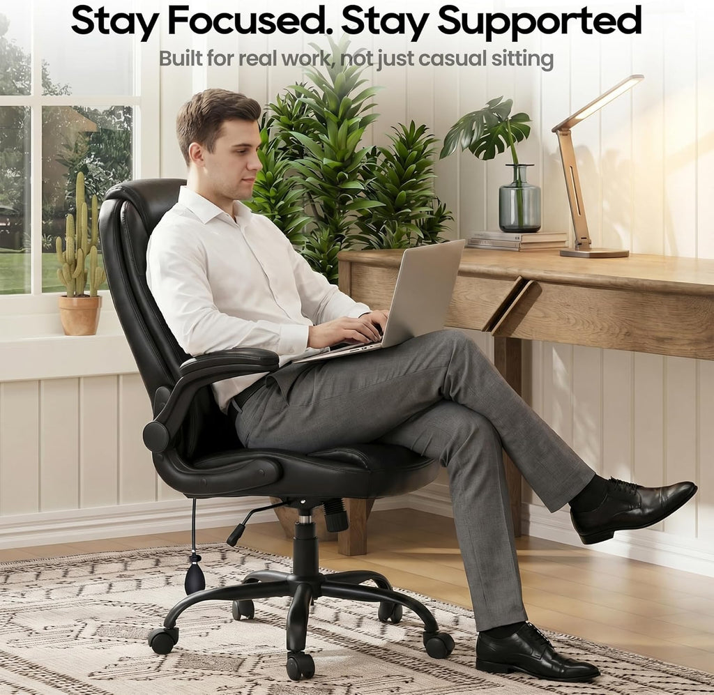 MALOL Leather Office Chair, Computer Desk Chair with Adjustable Lumbar Support, Thick Cushion, Flip-Up Arms and Ergonomic Back, Comfy Executive Office Chair for Home Office Gaming,Black