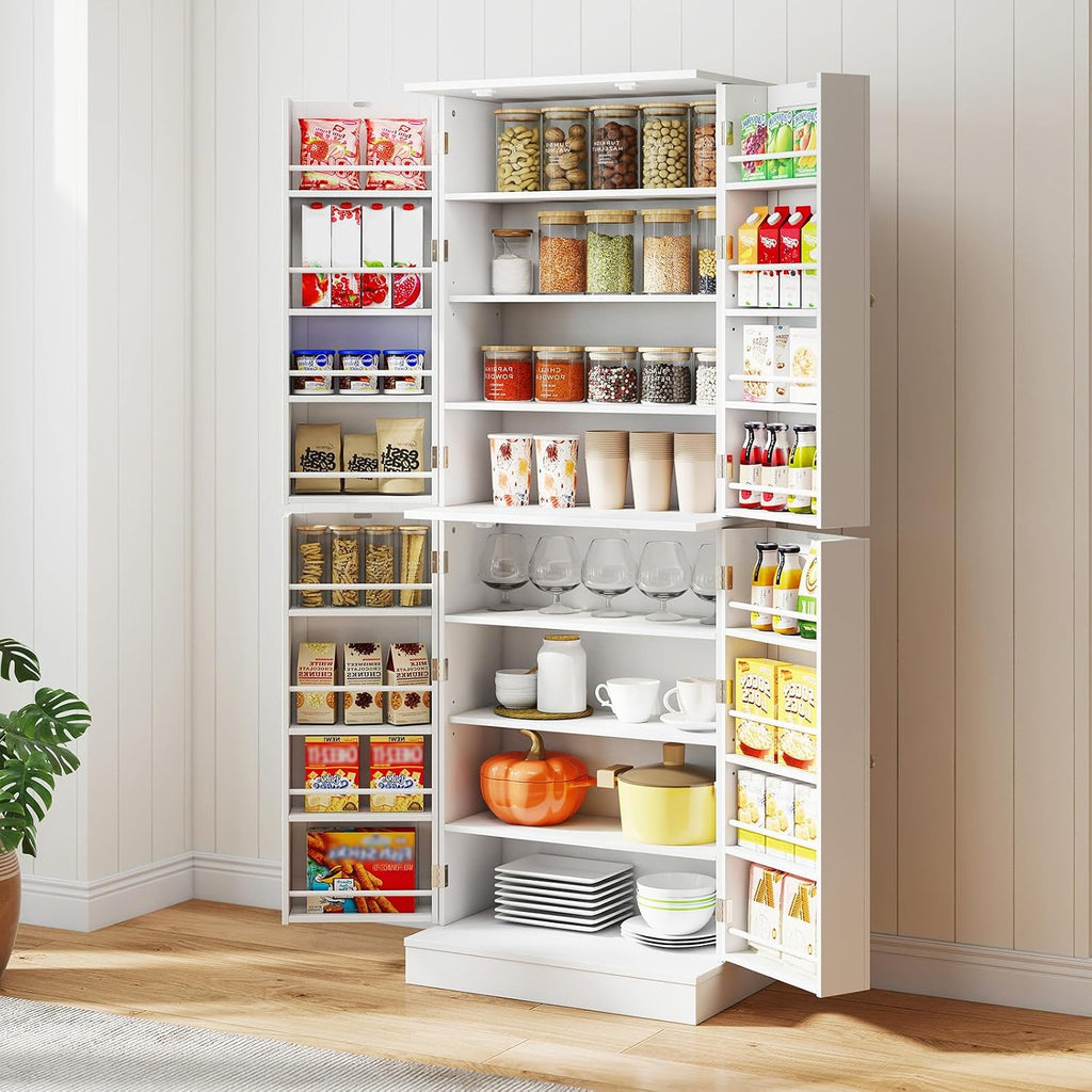 65.5" Kitchen Pantry Cabinet, Freestanding Storage Cabinet with Doors and Adjustable Shelves, 16-Tier Door Shelves with Baffle, Wooden Buffet Cupboard for Dining Room Living Room (White)