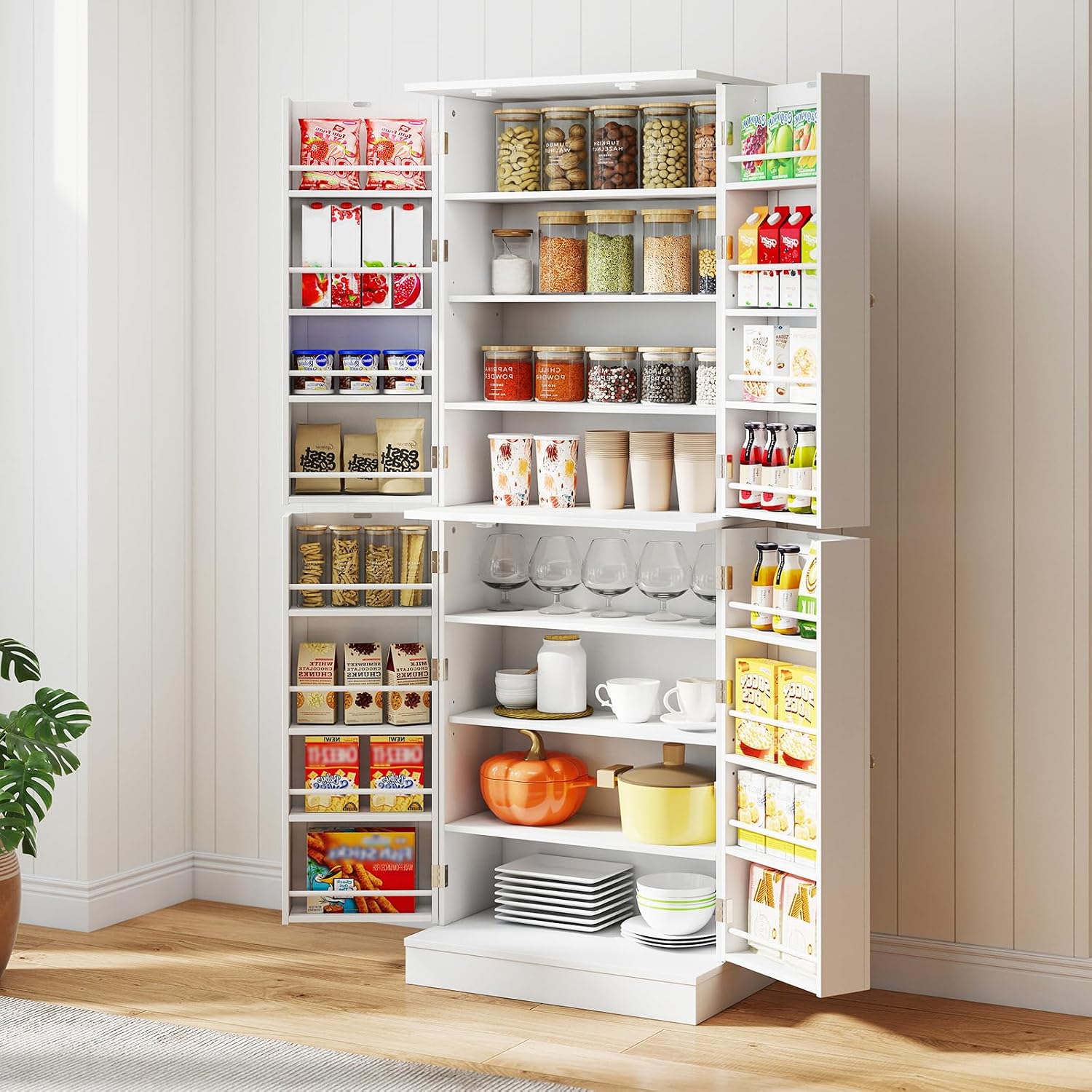 65.5" Kitchen Pantry Cabinet, Freestanding Storage Cabinet with Doors and Adjustable Shelves, 16-Tier Door Shelves with Baffle, Wooden Buffet Cupboard for Dining Room Living Room (White)