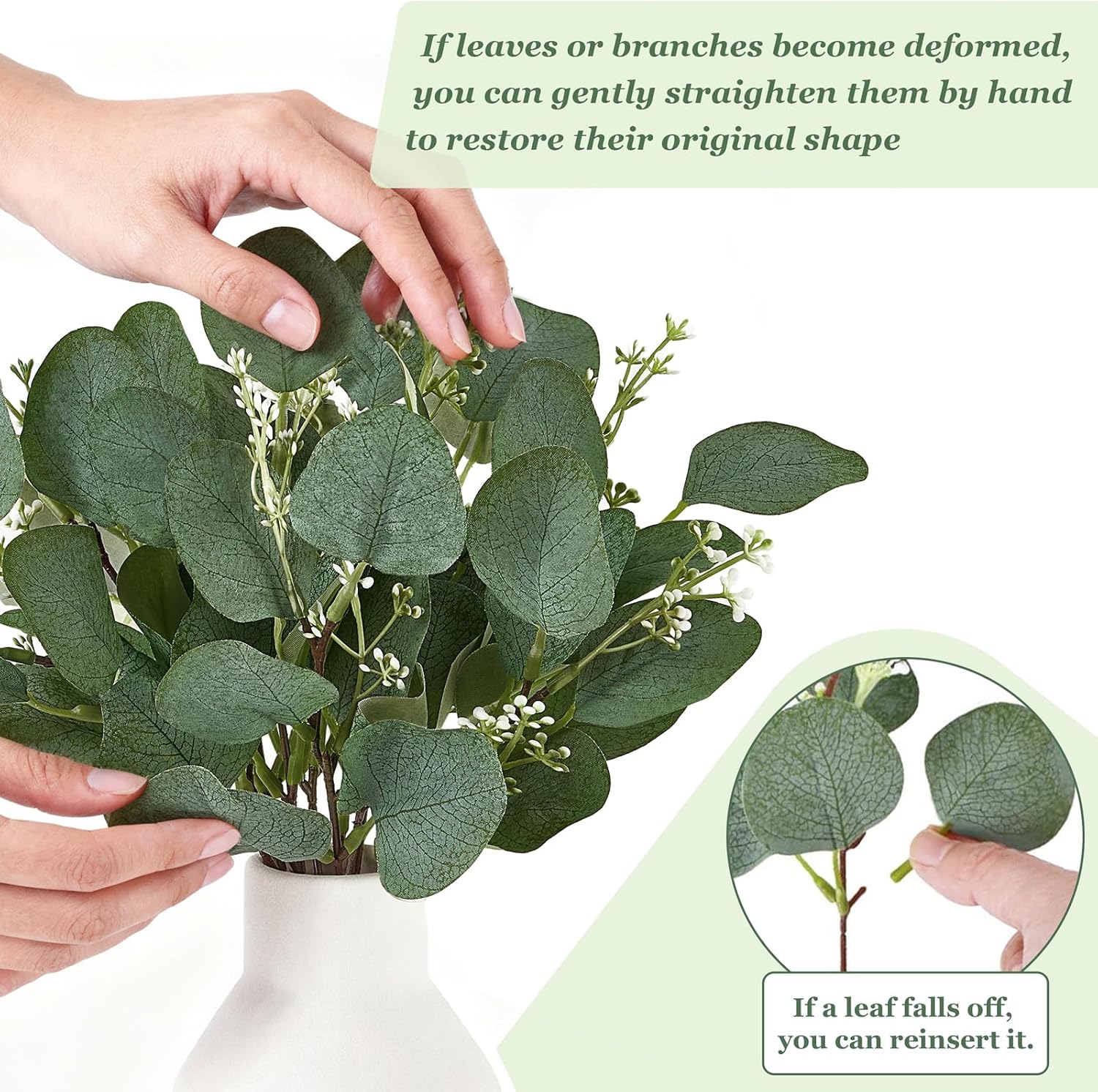Dahey Artificial Eucalyptus Stems in Small Ceramic Vase Centerpiece Table Decorations Modern Farmhouse Decor Fake Eucalyptus Plants with Vase for Bathroom Kitchen Shelf Living Room Home Decor, White
