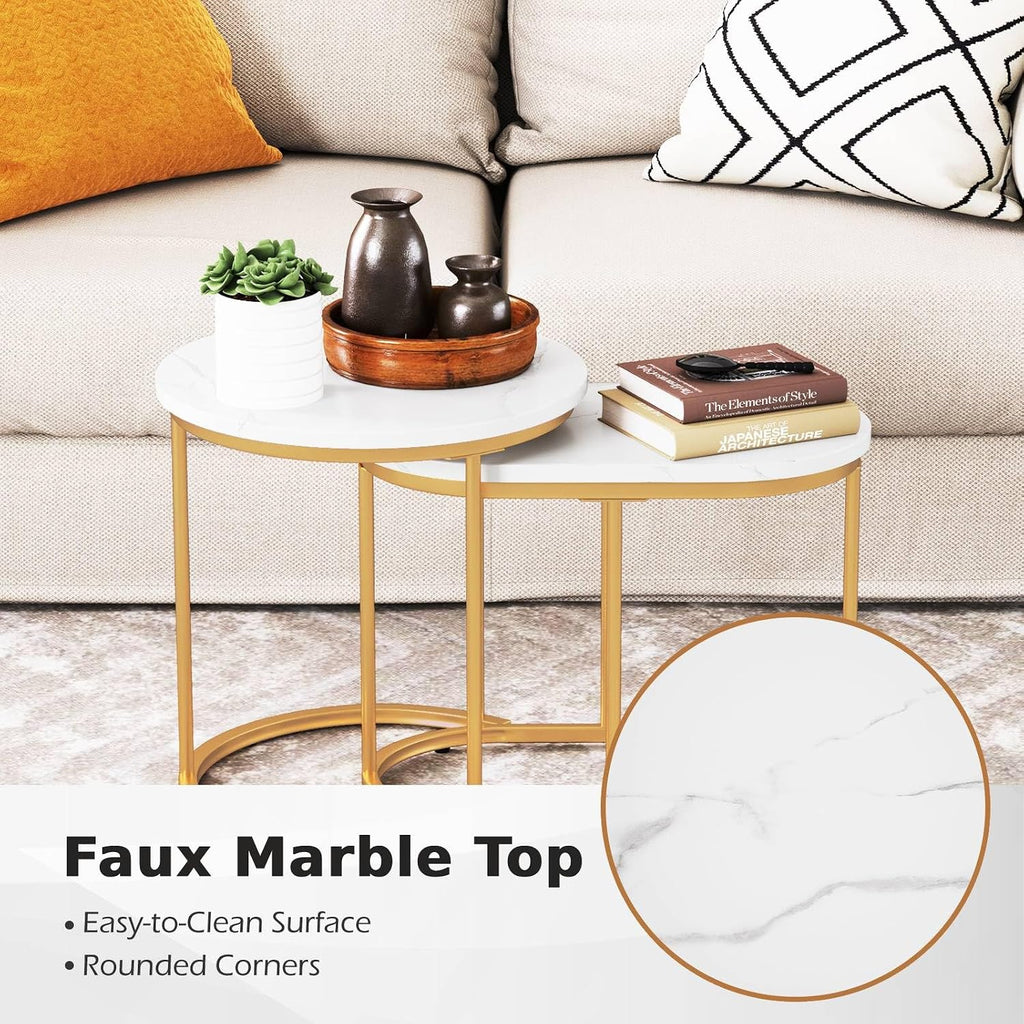 Multigot Nesting Tables Set of 2, Stacking End Side Table, Marble Accent Snack Coffee Tea Table for Living Room, Bedroom and Balcony (Marble + Golden)