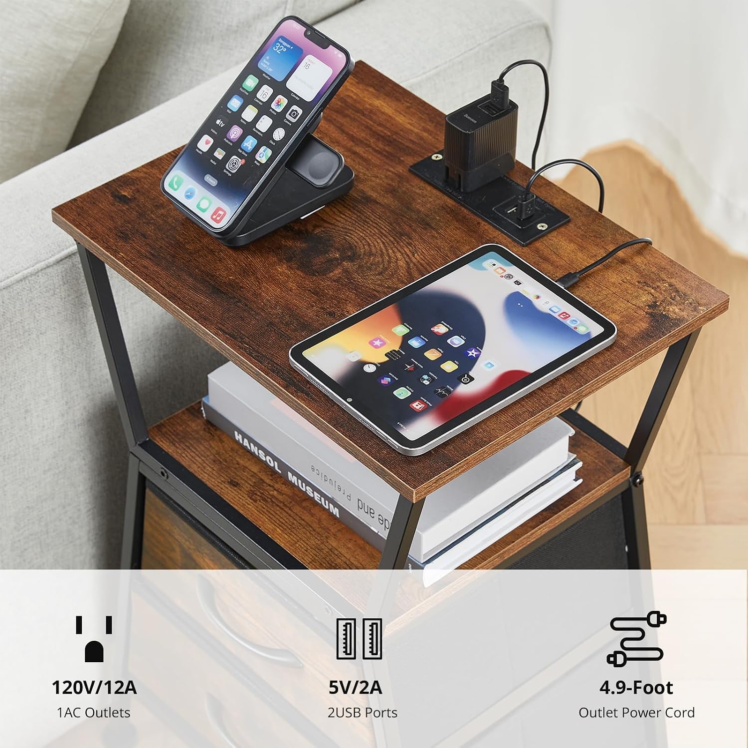 Nightstand with Charging Station, Side Tables for Bedroom with Built-in USB Side Table with 2 USB Ports and Outlets Nightstand with Cloth Drawer End Tables Living Room Sofa Couch