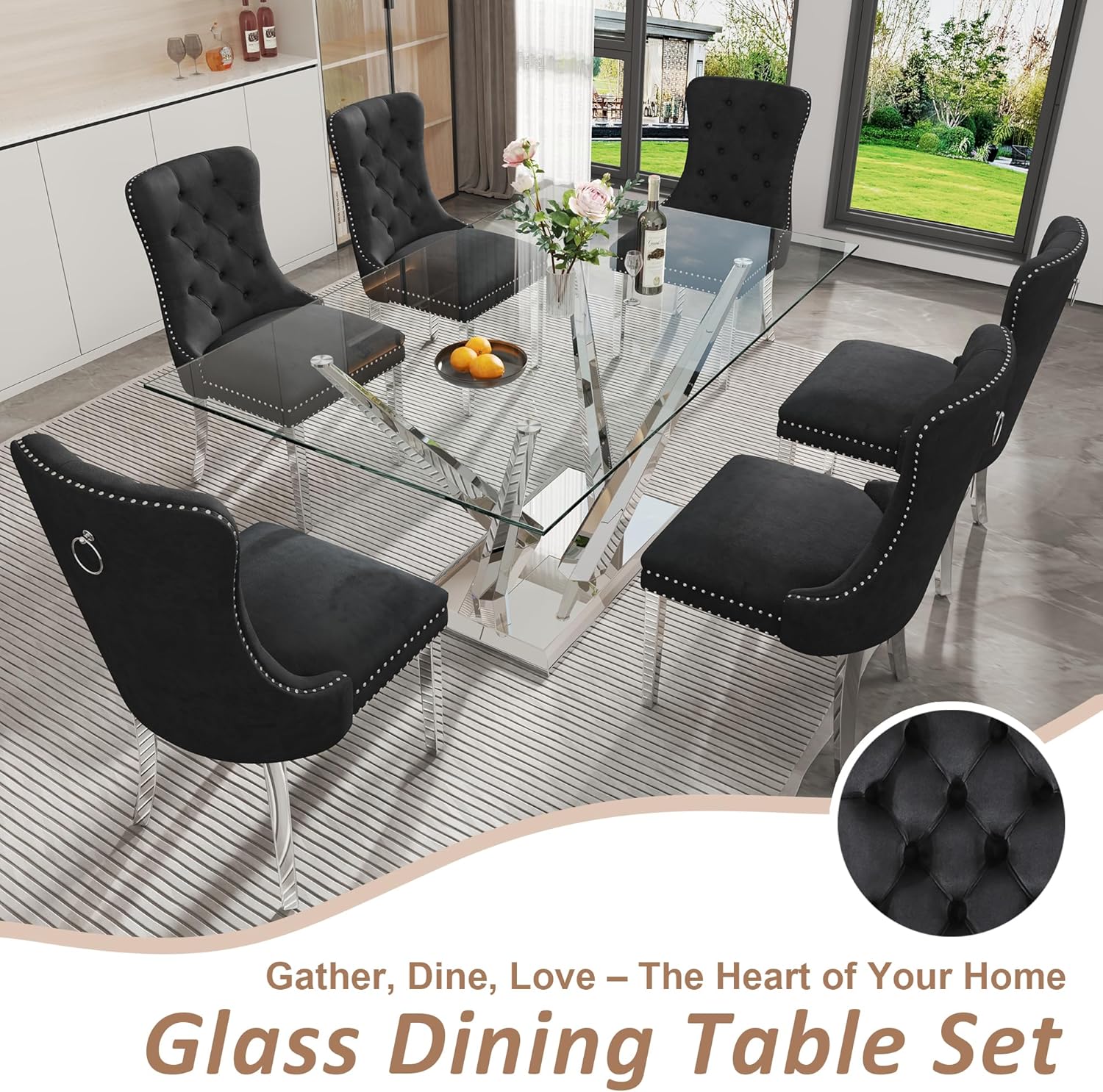 Rectangle Glass Dining Table for 4-6, 62" with Tempered Glass Table Top and Crossed Stainless Steel Base, Modern Kitchen Table for Home, Kitchen, Dining Room, Silver