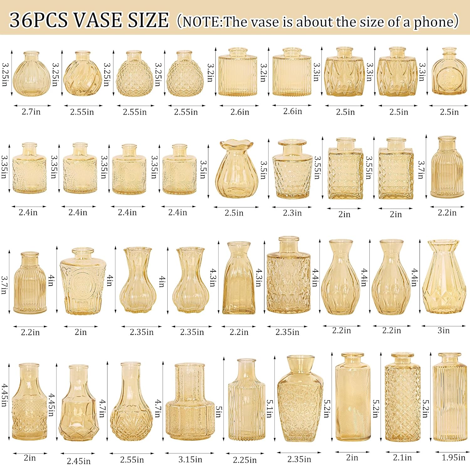 36Pcs Bud Vases Set Small Vintage Glass Bottles Bud Vases in Bulk Multiple Shape Cute Glass Vases for Rustic Wedding Centerpieces Table Decorations and Home Decor (Champagne)