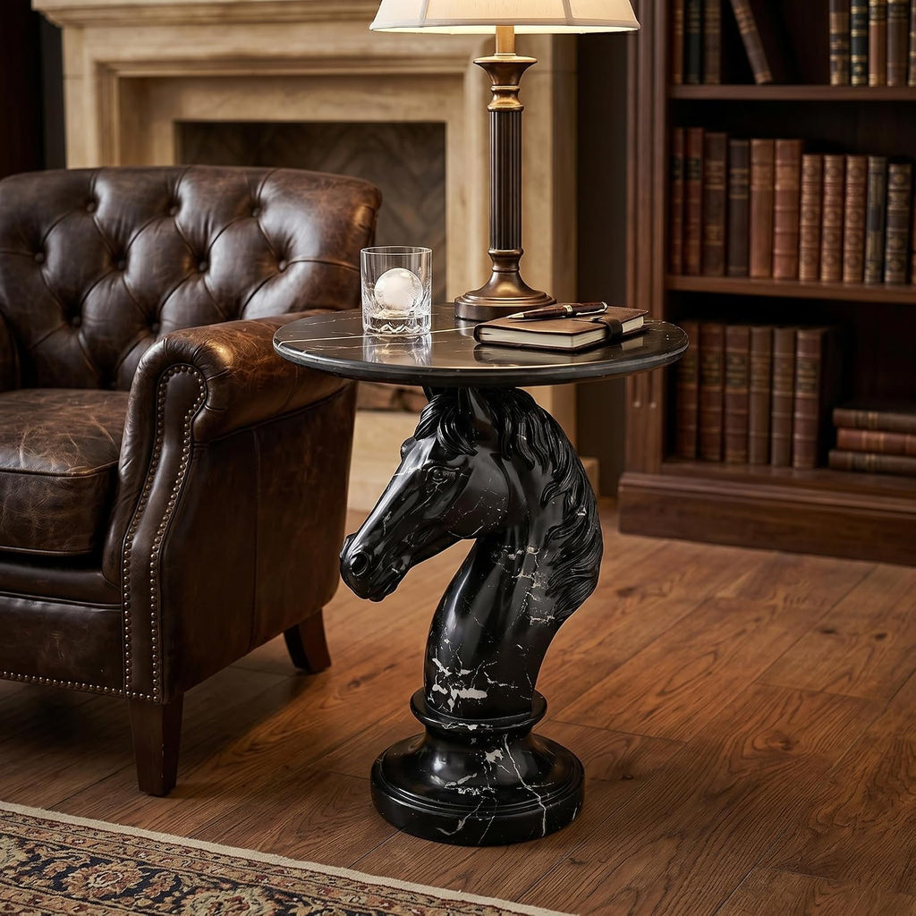 Sleek Black Horse End Table - Gothic Style 23.62 Inch Resin Knight Statue Side Table, Round Faux Marble Top Accent Table for Living Room, Minimalist Chess Piece Sculpture Furniture, 22.05 LBS