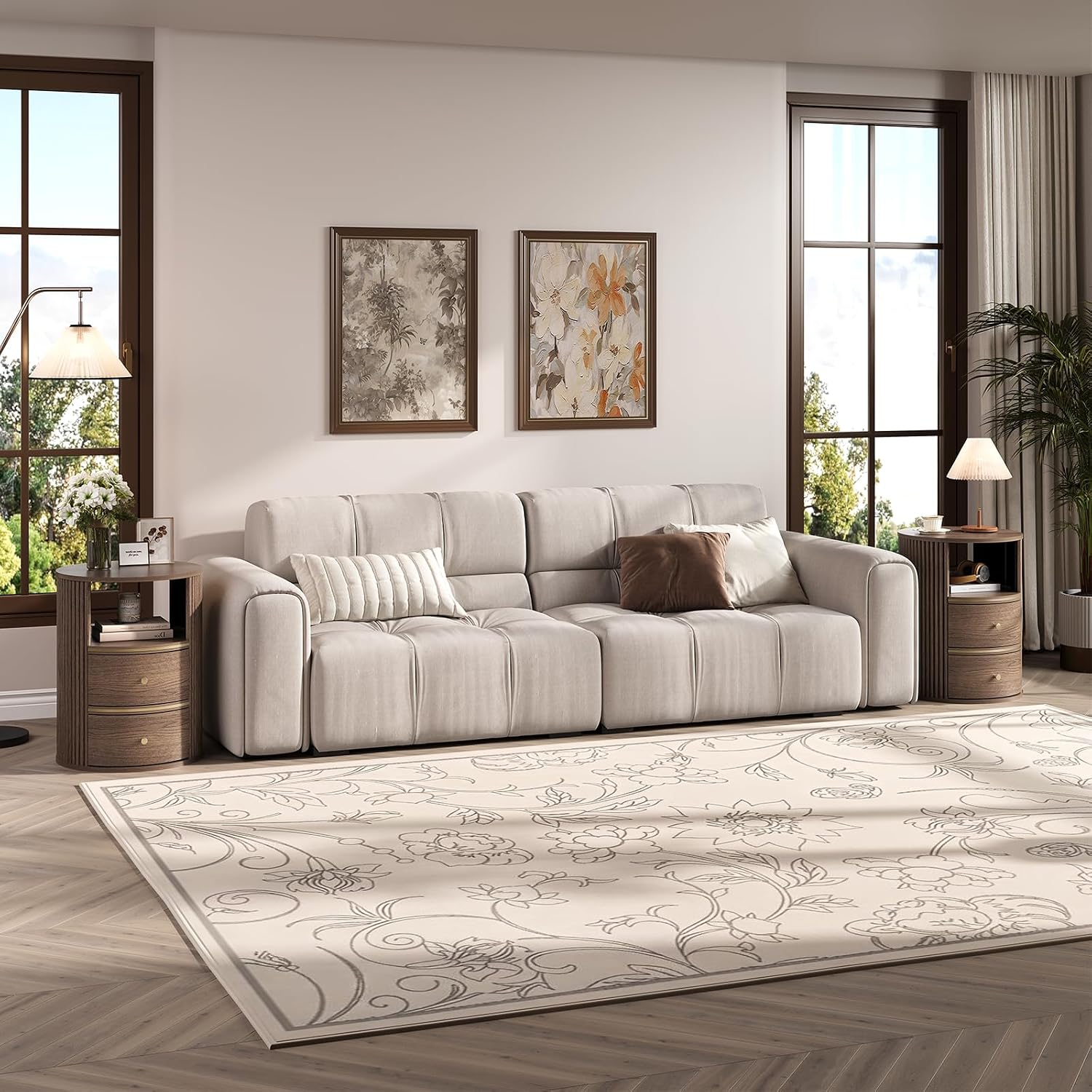 JOINICE Round End Tables Living Room, Fluted End Table with 2 Drawers and Open Shelf, 24" Tall Sofa Side Table with Storage, Nightstand for Bedroom, Living Room, Walnut