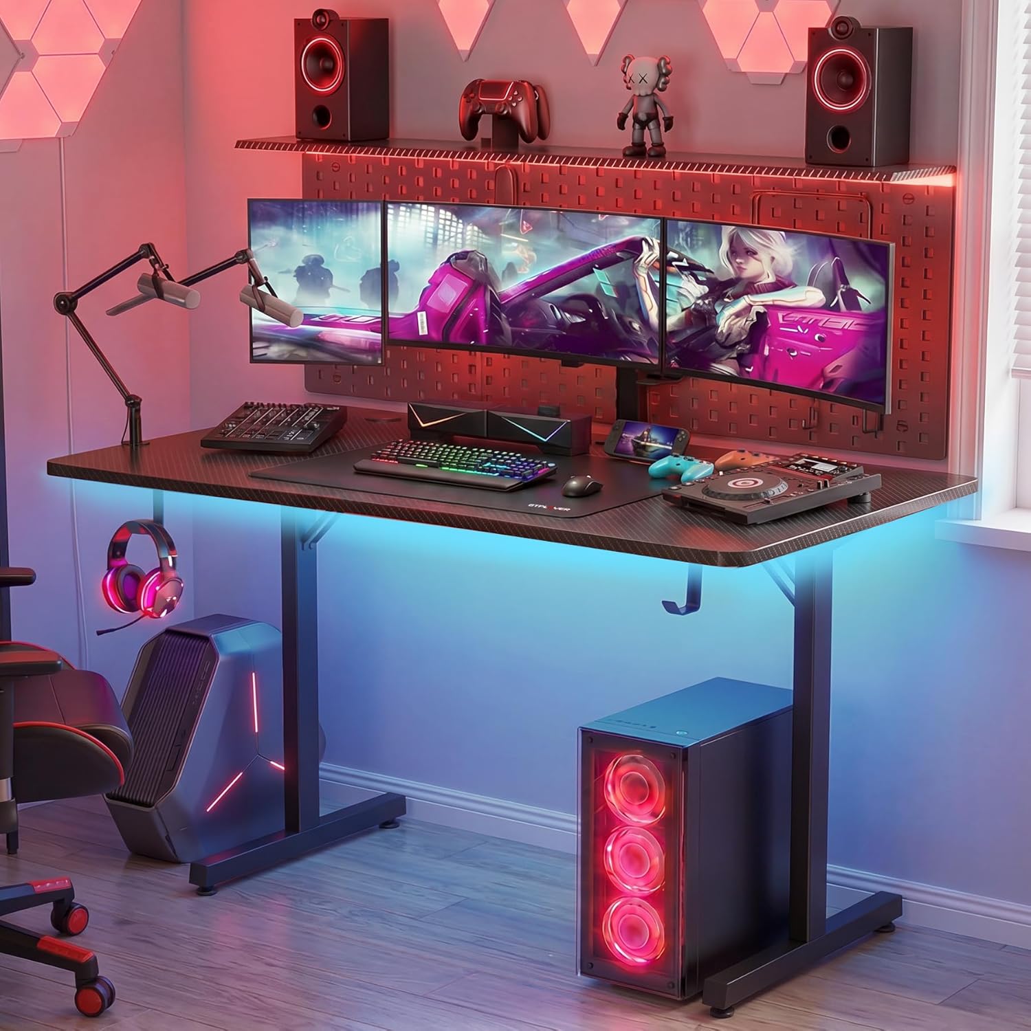 GTPLAYER 55 Inch Gaming Desk with LED Lights, Large Computer Desk with Mouse Pad for Home Office, T-Shaped Carbon Fibre Surface PC Game Workstations with Headphone Hook
