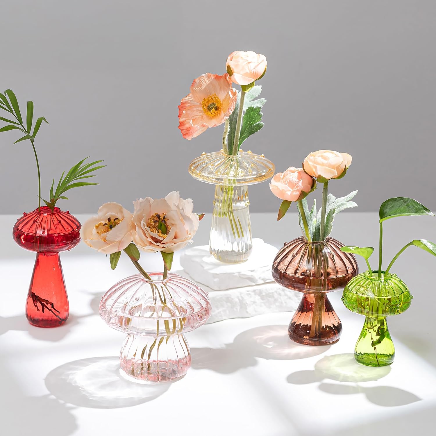 Hewory Glass Mushroom Vase for Flowers, 5pcs Colored Small Bud Flower Vases Unique, Mushroom Propagation Hydroponic Vases, Funky Cottagecore Decor for Home Room Kitchen Office Windowsill Decorations | Propagation Vases, Mushroom Decor, Gifts for Plant