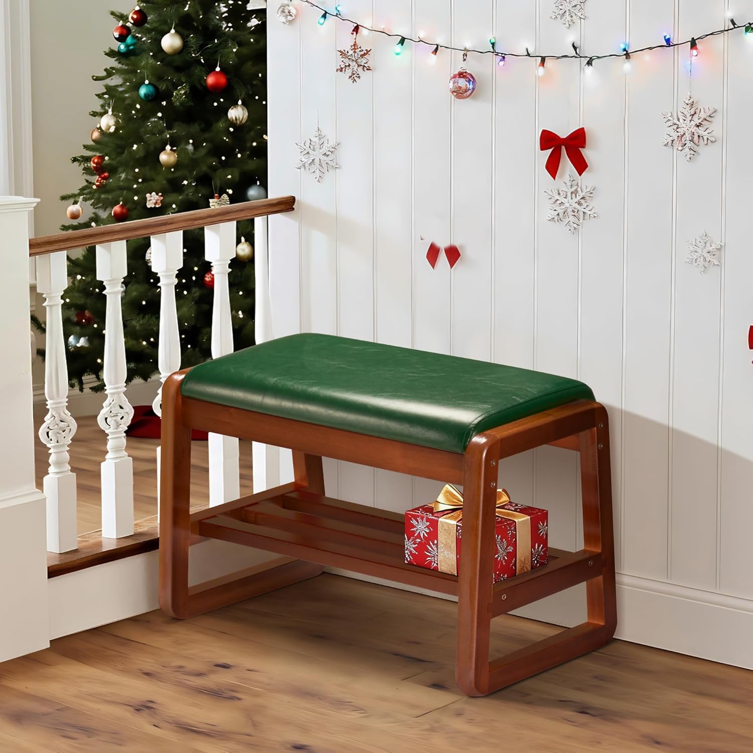 HABUTWAY Solid Wood Shoe Rack, Entryway Shoe Bench with Cushion, 2 Tier Shoes Organizer for Entryway, Hallway, Living Room-(Green,21.65"-S)