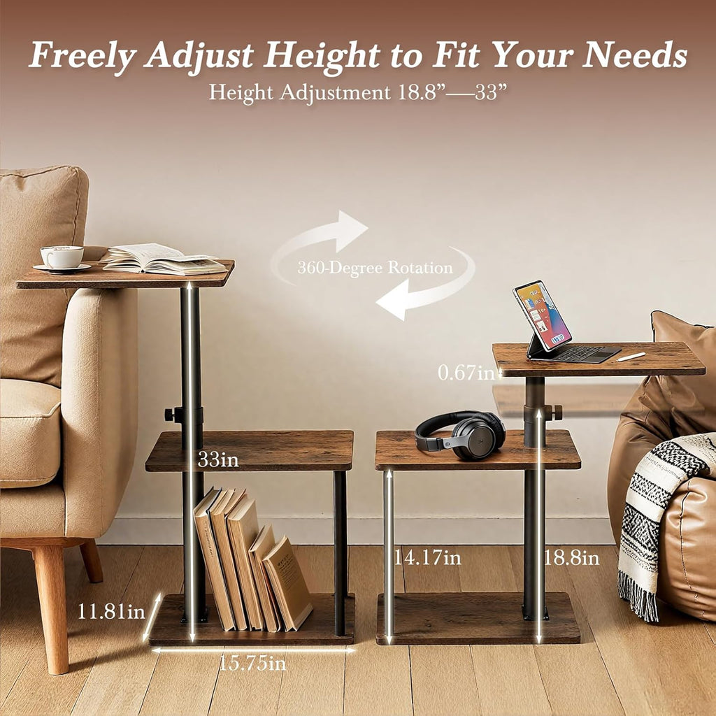 Faesun 360° Swivel Side Table for Height Adjustable, C Shaped End Table for Couch with Storage, 3-Tier Night Stand with Open Shelf, Tv Tray for Small Spaces, Living Room, Bedroom, Rustic Brown