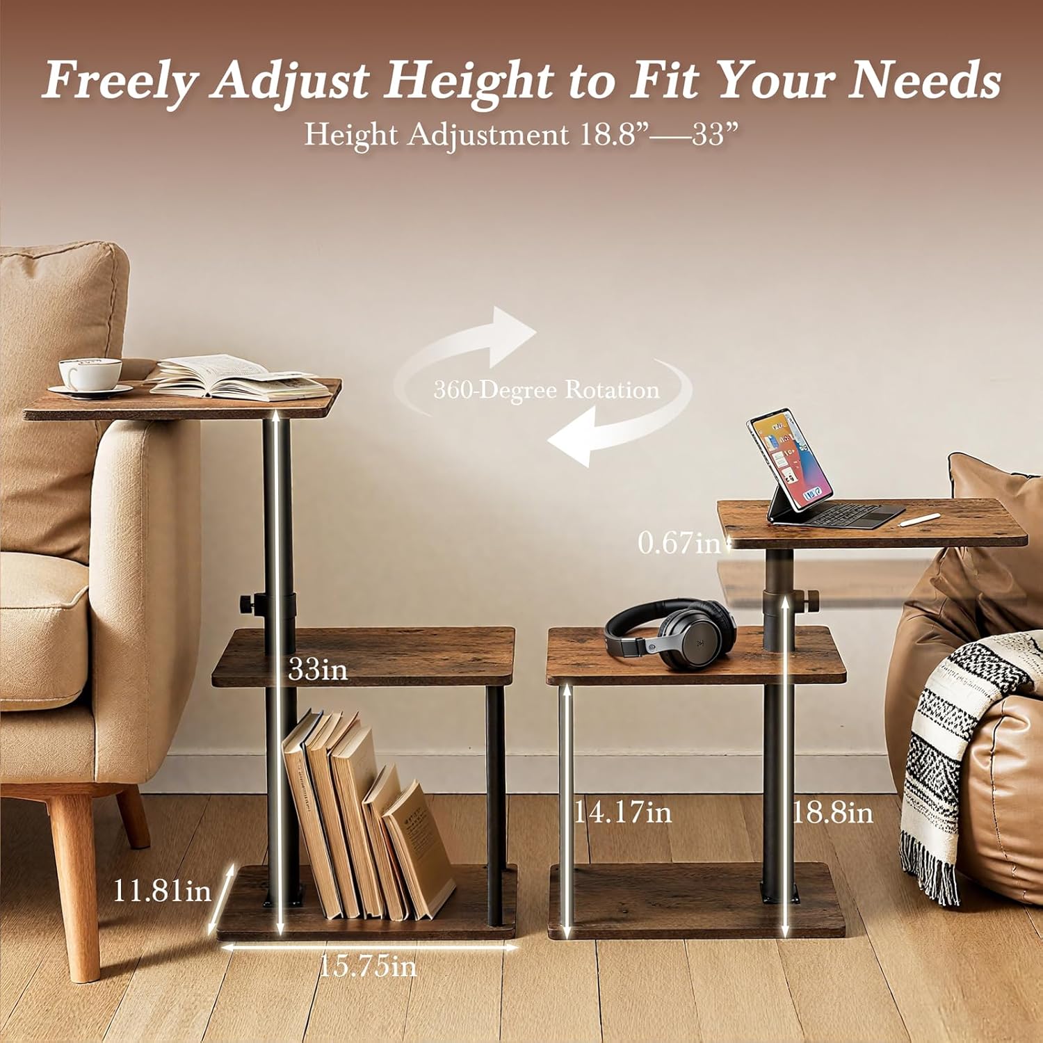 Faesun 360° Swivel Side Table for Height Adjustable, C Shaped End Table for Couch with Storage, 3-Tier Night Stand with Open Shelf, Tv Tray for Small Spaces, Living Room, Bedroom, Rustic Brown