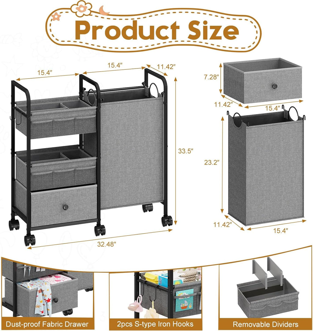 Cidaziya 2In1 Baby Diaper Caddy Organizer with Laundry Hamper, 3 Tier Rolling Cart with Dividers and Drawers, Upgrade Diaper Cart Utility Cart Clothes Organizer for Baby Essentials, New Mom, Nursery