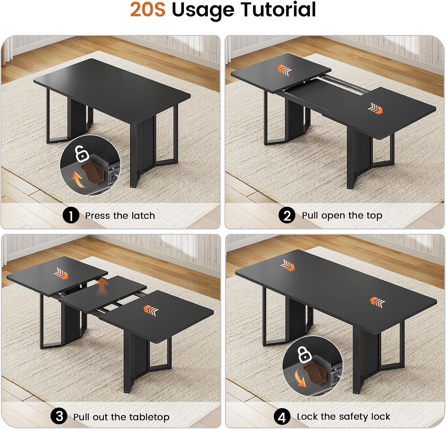 Itaar 5-Piece Dining Table Set for 4-6 People, 63" Extendable Kitchen Table and 4 Cushion Chairs, Dining Room Table with MDF Board & Metal Frame for Small Space, Easy Clean, Black