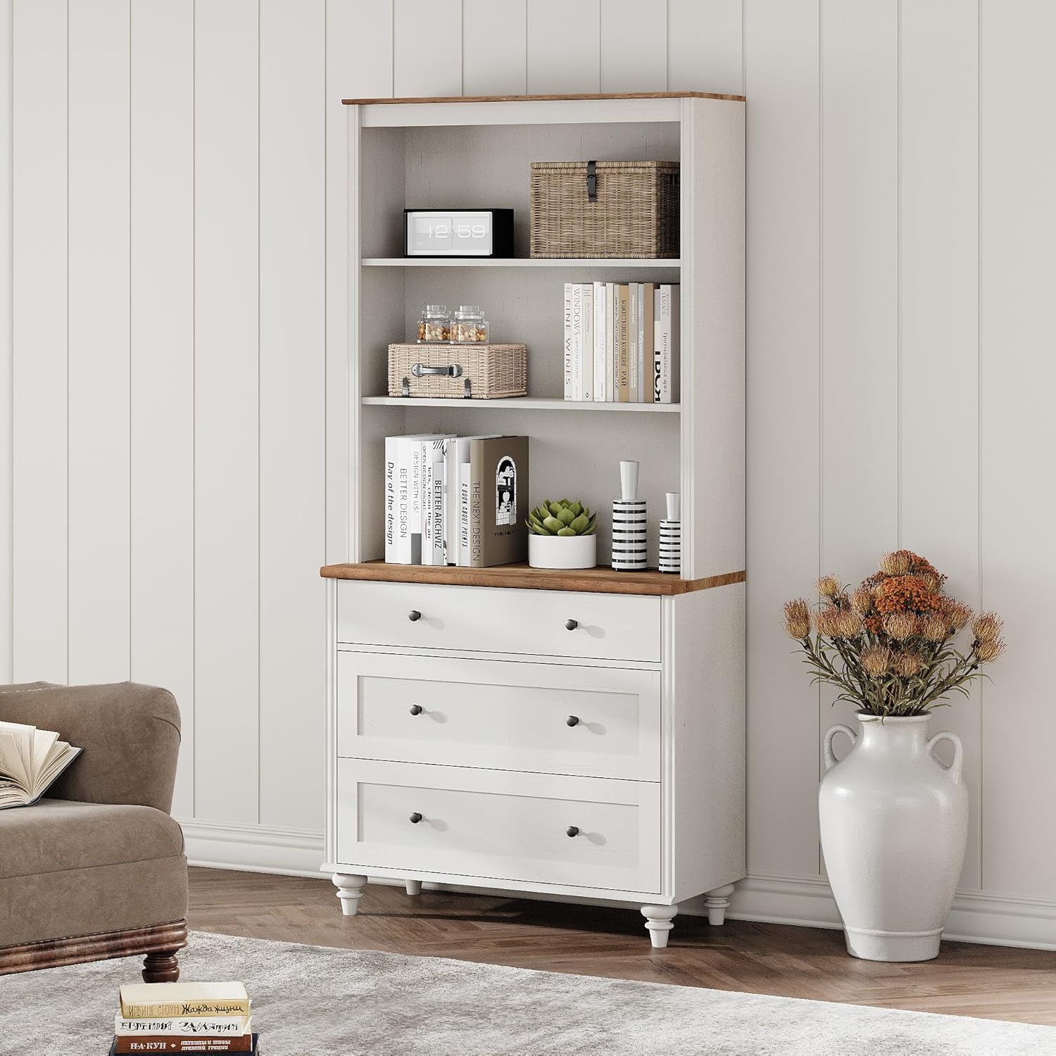 WAMPAT Farmhouse Pantry Cabinet with Storage, Wide Dining Hutch with 3 Wooden Drawers and Adjustable Shleves for Home Decor, Kitchen, Living Room Bedroom, Home Office, White